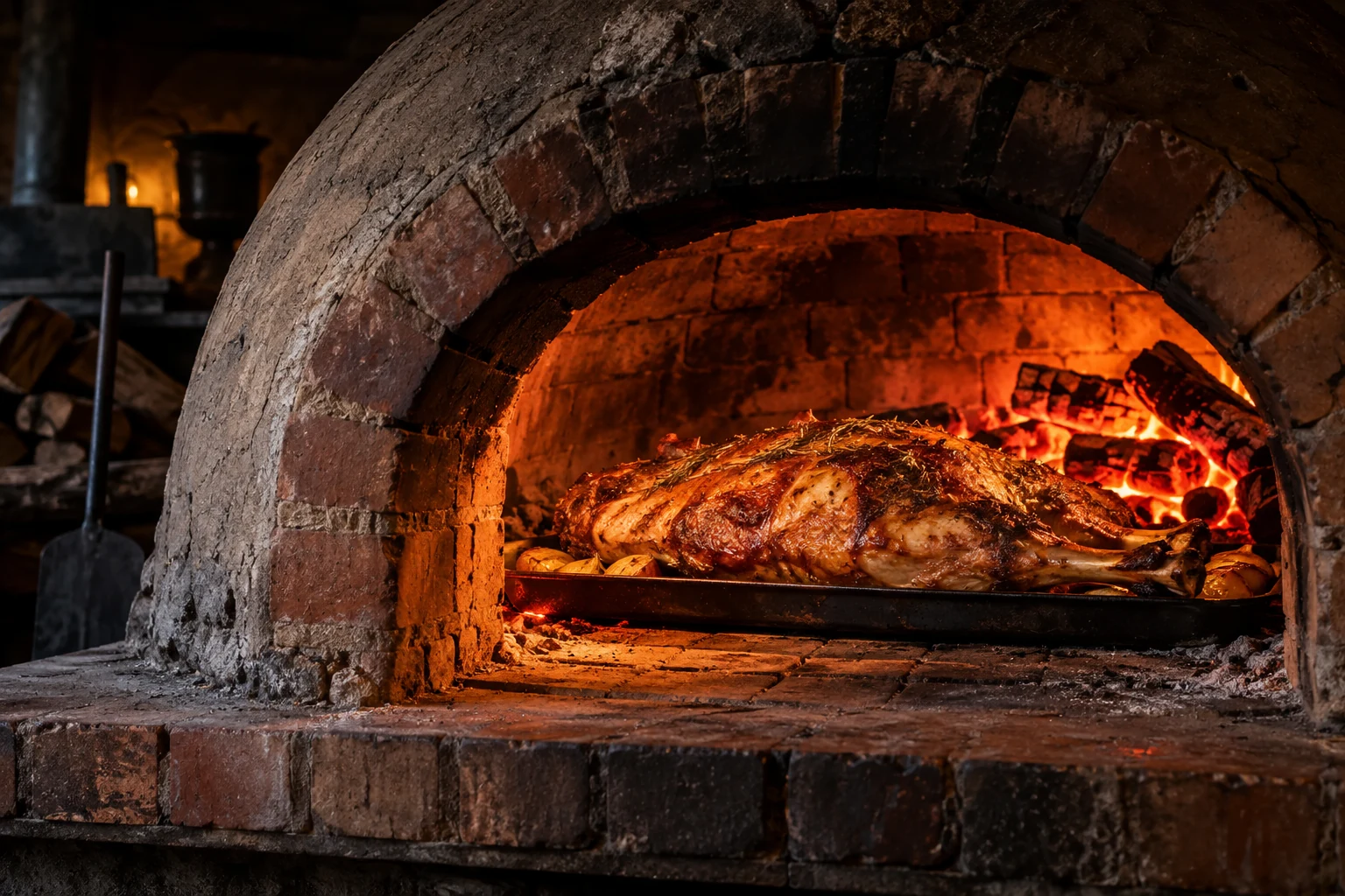Horno de barro con fuego y una pata en cocción